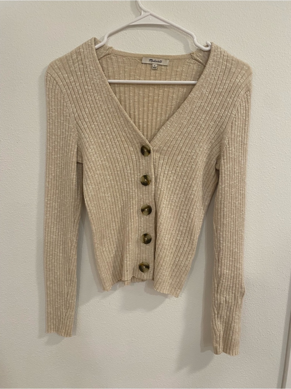 Madewell Beige Ribbed V-Neck Button Cardigan
